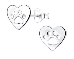 Joy|S - Zilveren hartje oorbellen met dierenpoot - 8 x 9 mm - zilver - kat hond poot afdruk