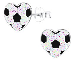 Joy|S - Zilveren hartje oorbellen - voetbal - glitter wit - 9 mm