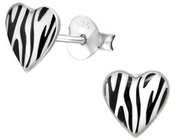 Joy|S - Zilveren hartje oorbellen - zebraprint - 7 mm - zebra oorknoppen
