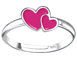 Joy|S - Zilveren hartje ring - verstelbaar - 2 hartjes roze - voor kinderen - sterling zilver 925