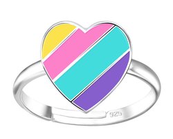 Joy|S - Zilveren hartje ring - verstelbaar - regenboog multicolor strepen - voor kinderen
