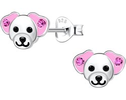 Joy|S - Zilveren hond oorbellen - zilver met roze oortjes met kristal - 9 x 6 mm - kinderoorbellen