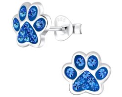 Joy|S - Zilveren kat hond dieren poot oorbellen - 8 mm - kristal blauw - dierenpoot