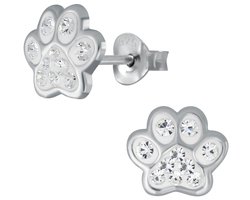 Joy|S - Zilveren kat hond dieren poot oorbellen - 8 mm - kristal - dierenpoot