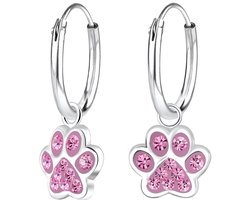 Joy|S - Zilveren kat hond dierenpoot bedel oorringen - roze kristal - poot afdruk