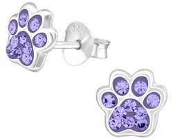 Joy|S - Zilveren kat hond dierenpoot oorbellen - 7 x 6 mm - violet paars kristal - poot afdruk - kinderoorbellen