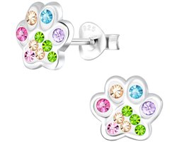 Joy|S - Zilveren kat hond dierenpoot oorbellen - 8 mm - multicolor kristal - poot afdruk