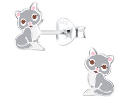 Joy|S - Zilveren kat poes oorbellen - 5 x 8 mm - grijs met roze oortjes - kinderoorbellen