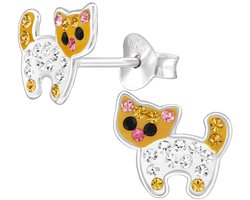 Joy|S - Zilveren kat poes oorbellen - 9.5 x 8.3 mm - oranje zilver roze met kristalletjes - kinderoorbellen