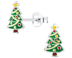 Joy|S - Zilveren kerst oorbellen - kerstboom met kerstballen en gele ster als piek