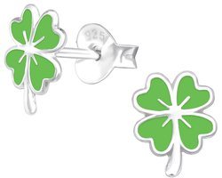 Joy|S - Zilveren klavertje vier oorbellen - 6 x 8 mm - groen zilver klaver oorknoppen