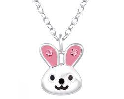 Joy|S - Zilveren konijn hanger met ketting - zilver met roze oortjes en kristalletjes - ketting 39 cm (verstelbaar 36 cm of 39 cm)