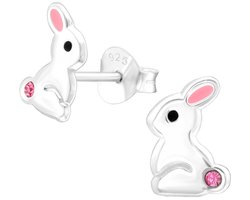 Joy|S - Zilveren konijn oorbellen - 6 x 8 mm - zilver met roze oortjes en roze kristalletje - kinderoorbellen