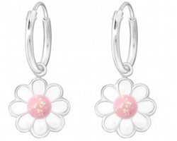 Joy|S - Zilveren madelief bloem bedel oorbellen - wit roze met glitter - oorringen