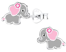 Joy|S - Zilveren olifant oorbellen - baby olifantje - grijs met roze oren en roze bloemetje - kinderoorbellen