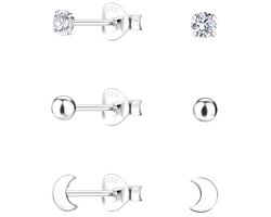 Joy|S - Zilveren oorbellen - set 3 paar - ronde oorbellen - maan oorbellen - zirkonia oorbellen - oorknopjes - sterling zilver 925