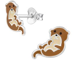 Joy|S - Zilveren otter oorbellen - oorknoppen voor kinderen - bruin zilver - 7.1 x 11.7 mm - sterling zilver 925 - kinderoorbellen