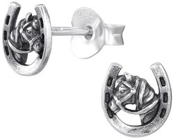 Joy|S - Zilveren paard met hoefijzer oorbellen - 6 x 6.5 mm - geoxideerd - t74 - kinderoorbellen