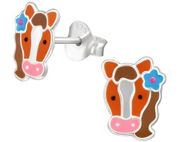 Joy|S - Zilveren paard oorbellen - 7 x 9 mm - bruin paardenhoofd met blauwe bloem - sterling zilver 925 - kinderoorbellen