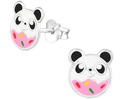 Joy|S - Zilveren panda donut oorbellen - 8 x 9 mm - kinderoorbellen
