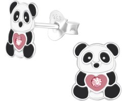 Joy|S - Zilveren panda oorbellen met hartje - 7 x 9 mm - roze kristal