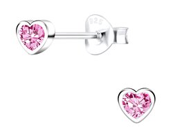 Joy|S - Zilveren petit hartje oorbellen - 4 mm - roze zirkonia - oorknopjes voor kinderen