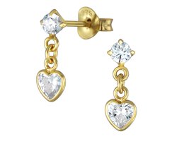 Joy|S - Zilveren petit hartje oorbellen - 4 x 13 mm - zirkonia - gold plated - kinderoorbellen