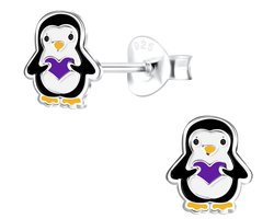 Joy|S - Zilveren pinguïn oorbellen - 6 x 7 mm - paars hartje - kinderoorbellen