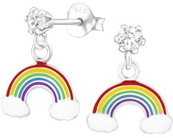 Joy|S - Zilveren regenboog bedel oorbellen - glitter wolkjes - oorknoppen met bedel - kristal - kinderoorbellen
