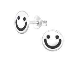 Joy|S - Zilveren smiley oorbellen - 8 mm - zilver met zwart emoji smiley