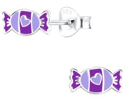Joy|S - Zilveren snoepje oorbellen - paars met lila hartje - 7 x 4 mm