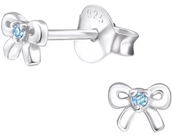 Joy|S - Zilveren strikje oorbellen - 5 x 3.5 mm - massief sterling zilver 925 - zirkonia aqua licht blauw - geboorte steen maart - oorknopjes - kinderoorbellen