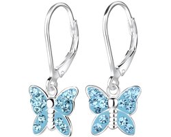 Joy|S - Zilveren vlinder bedel oorbellen - blauw kristal - leverback sluiting
