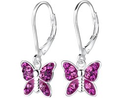 Joy|S - Zilveren vlinder bedel oorbellen - paars kristal - leverback sluiting