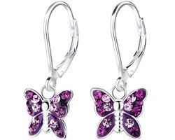 Joy|S - Zilveren vlinder bedel oorbellen - paars met lila kristal - leverback sluiting