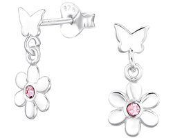 Joy|S - Zilveren vlinder met bloem bedel oorbellen - 6.2 x 14 mm - roze kristalletje - kinderoorbellen