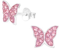 Joy|S - Zilveren vlinder oorbellen - 9 x 7 mm - roze kristal - kinderoorbellen
