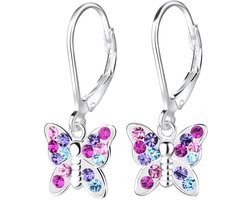 Joy|S - Zilveren Vlinder oorbellen - kristal multicolor - leverback sluiting