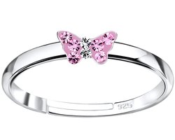 Joy|S - Zilveren vlinder ring verstelbaar - kristal roze - voor kinderen