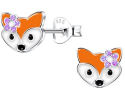 Joy|S - Zilveren vos oorbellen - vosje met paars bloemetje - 7 x 6 mm - kinderoorbellen - sterling zilver 925