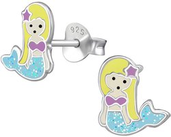 Joy|S - Zilveren zeemeermin oorbellen - 9 mm - glitter blauwe staart - oorknoppen voor kinderen