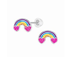 K3 - Zilveren oorstekers meisjes - K3 regenboog glitterhartjes - 6mm