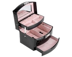 KARZO - Sieradenbox met 3 lagen en spiegel, opbergdoos voor kettingen, ringen en oorbellen, afsluitbare box, cadeaus voor haar, meisje, vrouwen