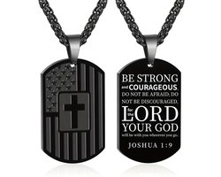 Ketting Dog Tag - Amerikaanse Hondenpenning met Bijbelvers Joshua 1:9 - Roestvrijstaal - Zwart Kruis - 60,96cm Duurzame Inspirerende Halsketting - Christelijk Cadeau voor Mannen & Vrouwen