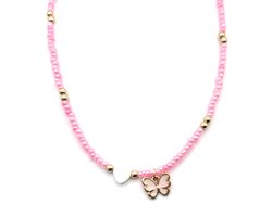 Ketting Meisje- Meisjesketting Vlinder- Kralenketting Roze Goudkleurig- Ibiza- Kind- LiLaLove