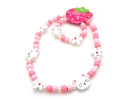 Kinderketting en armband voor meisjes met roze houten kraaltjes poesjes en bloemen