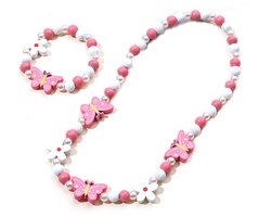 Kinderketting en armband voor meisjes roze en witte houten kraaltjes met vlinders en bloemen