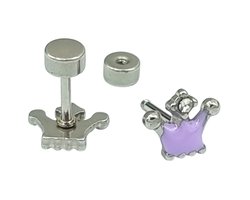 Kinderoorbellen meisje - Kroontje prinses - Paars emaille - Hypoallergeen premium staal - 7 x 7 mm