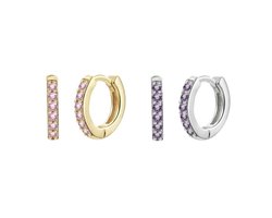 Kinderoorbellen Set (2 paar) – Oorringen Zilver (925) met Goud,- en Zilverkleurige Afwerking – Roze & Paarse Zirkoon (Ø 1 cm)