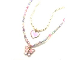 Kralenketting Meisje- 2 stuks Kralenketting- Ketting met hartje- Ketting met vlinder- Set Kralenketting- Kind- LiLaLove